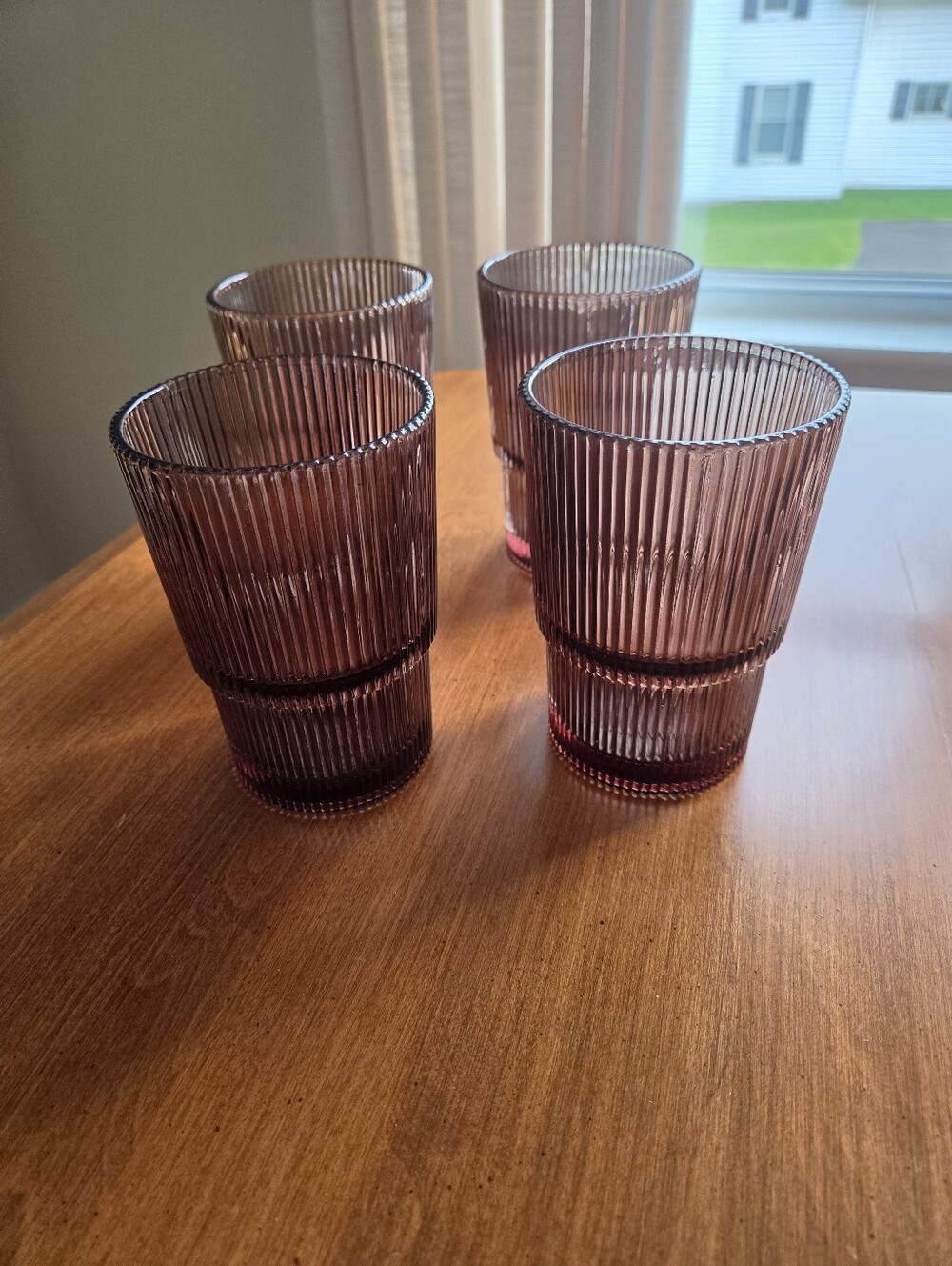 Set of 4 Taupe Atwell Stackable Ribbed Glasses By Crate And Barrel